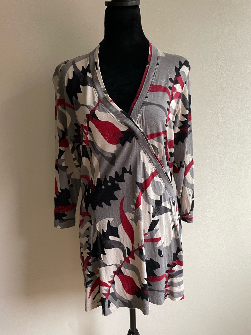 Sandwich Abstract Faux Wrap Tunic Top XL Tagged XXL Cotton Modal 3/4 Sleeve